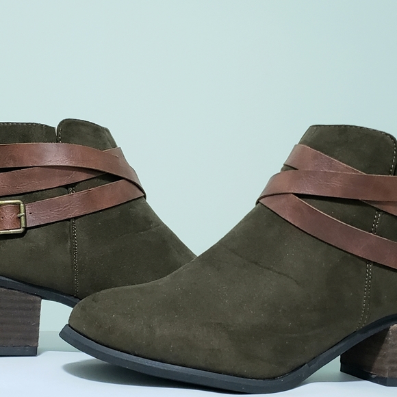 Dark Green Faux Suede Ardene Brown Buckle Booties - Picture 2 of 2